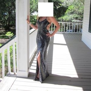 Black Silver Sequin and Beaded Prom Dress